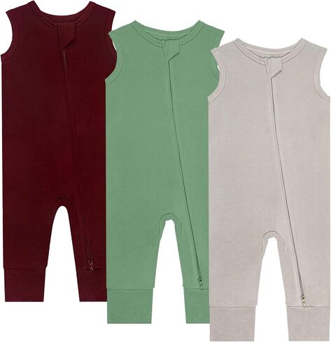 Rayon Made Of Bamboo Baby Sleepers, 3pack Pajamas Summer Sleeveless 2 Way Zipper Footless Rompers Pink+Coffee+Light Silver Grey 12-18 M in Kuwait