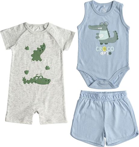 TRND O&X Baby Boy 3-Piece Summer Outfit, 100% Cotton Romper, Sleeveless Bodysuit & Shorts, Breathable Casual Playwear in Kuwait