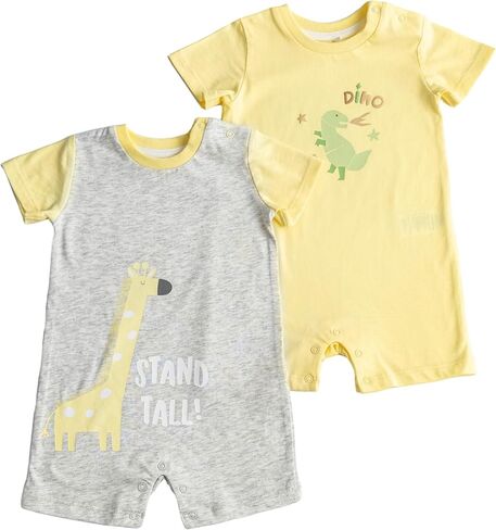 TRND O&X Baby Boy 2-Pack Cotton Rompers, Short Sleeve Summer Outfits with Giraffe & Dino Prints in Kuwait