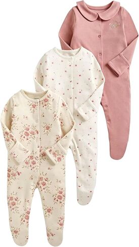 MOSSRIVER Baby Cotton Footed Romper Long Sleeve Footies with Mitten for Newborn Toddler Boy Girl 3 Pack One-Piece Outfits in Kuwait