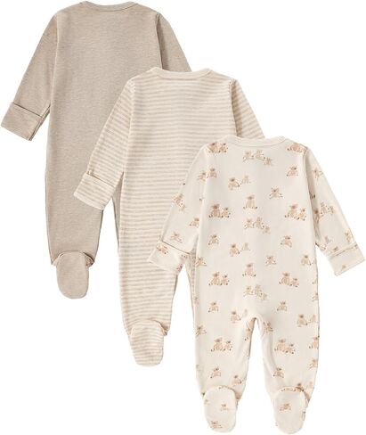 MOSSRIVER Baby Cotton Footed Romper Long Sleeve Footies with Mitten for Newborn Toddler Boy Girl 3 Pack One-Piece Outfits in Kuwait