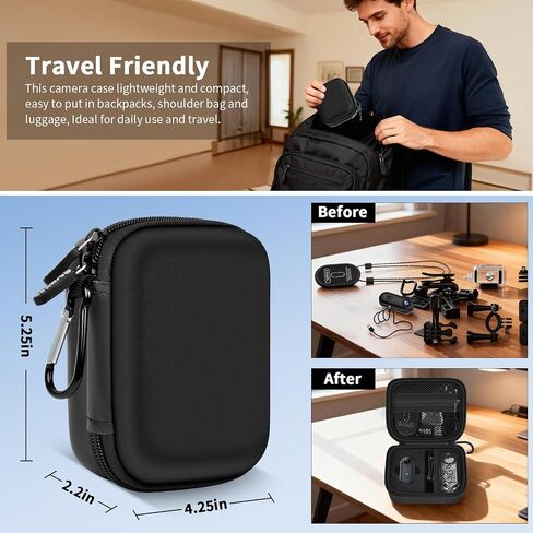 casmilee Hard Mini Body Camera Case for Thumb Action Cam, Box Only | Hard shell 5.2 x 4.25 x 2.2 in case with sponge insert, mesh pockets and carabiner for vloggers, riders and travel in Kuwait