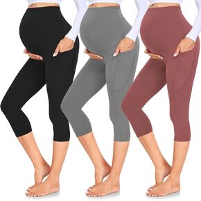 GROTEEN 3 Pack Maternity Capri Leggings with Pockets Over Belly Yoga Pants | Yoga Pants, Workout, Casual, Work, Clothes, Outfits, Sets, Sweatpants, Super Soft, Tights, Pregnancy Must Haves, Essentials in Kuwait