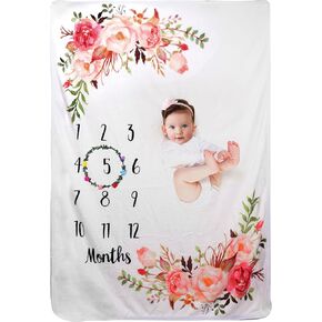 Baby Monthly Milestone Blanket for Boy Girl Soft Floral Memory Blanket Newborn Growth Chart Milestone Blanket Cute Photo Background Blanket with Wreath (51x40In) in Kuwait