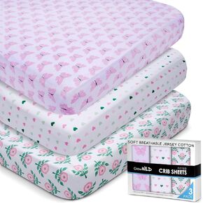 Fitted Crib Sheets 3pck, 52"x28" Butterflies & Flowers Sheet | | Soft Jersey Knit Cotton Crib Bedding Set for Baby Girls, Breathable Snug Elastic Fit for Crib Mattresses & Toddler Bed Sheets in Saudi Arabia