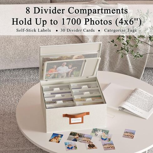 Decorative Photo Storage Box with Zipper Hold Up to 2000 4x6 Pictures,Beige | Linen Photo Box Organizer, 8 Dividers, Handle Design, Archival Memory Keepsake Boxes for Photo, Scrapbook, Cards, Stamps in Kuwait