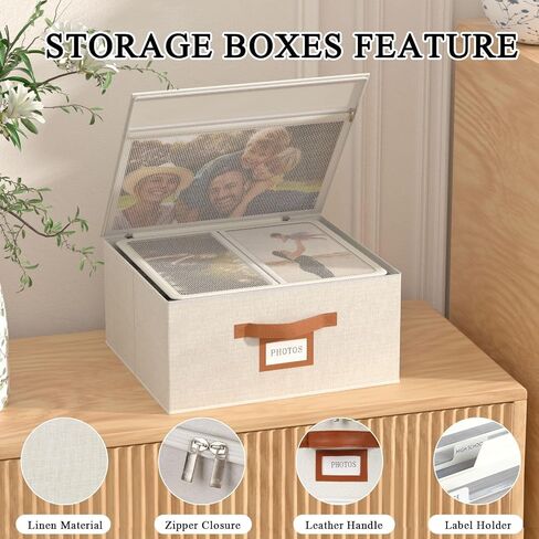 Decorative Photo Storage Box with Zipper Hold Up to 2000 4x6 Pictures,Beige | Linen Photo Box Organizer, 8 Dividers, Handle Design, Archival Memory Keepsake Boxes for Photo, Scrapbook, Cards, Stamps in Kuwait