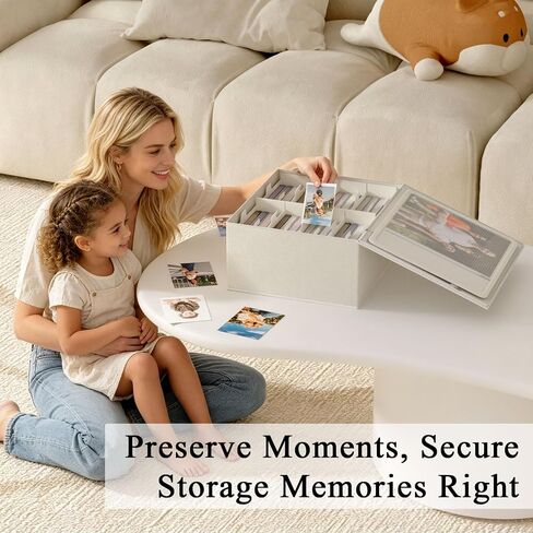 Decorative Photo Storage Box with Zipper Hold Up to 2000 4x6 Pictures,Beige | Linen Photo Box Organizer, 8 Dividers, Handle Design, Archival Memory Keepsake Boxes for Photo, Scrapbook, Cards, Stamps in Kuwait