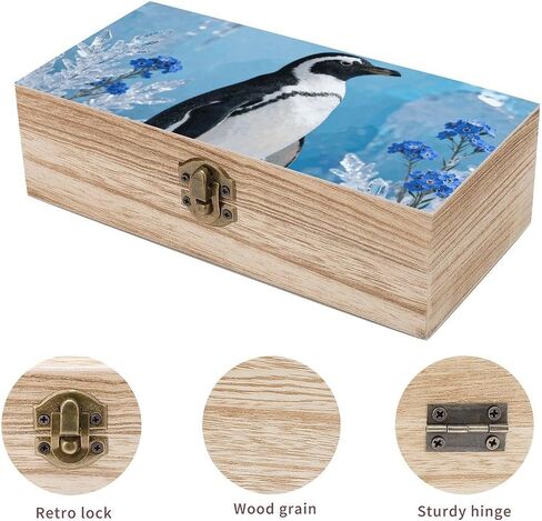 Penguin on Ice Wooden Storage Box with Hinged Lid for Photo | Wood Keepsake Box, Dustproof Storage Box, Decorative Treasure Chest, Memory Box for Crafts Coins Stamps Letters Jewelry in Kuwait