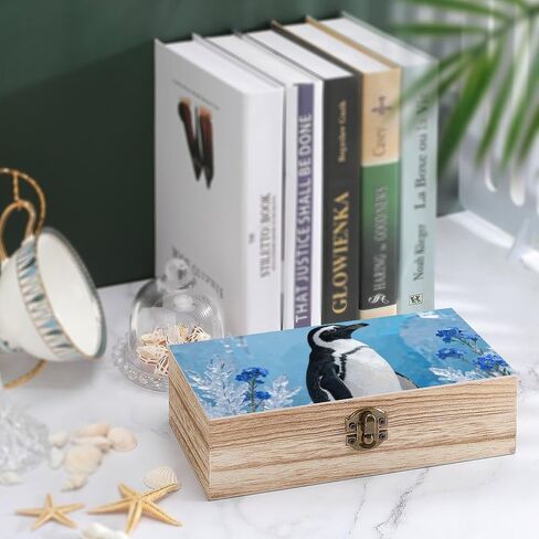 Penguin on Ice Wooden Storage Box with Hinged Lid for Photo | Wood Keepsake Box, Dustproof Storage Box, Decorative Treasure Chest, Memory Box for Crafts Coins Stamps Letters Jewelry in Kuwait