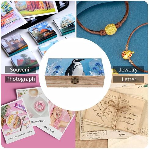 Penguin on Ice Wooden Storage Box with Hinged Lid for Photo | Wood Keepsake Box, Dustproof Storage Box, Decorative Treasure Chest, Memory Box for Crafts Coins Stamps Letters Jewelry in Kuwait