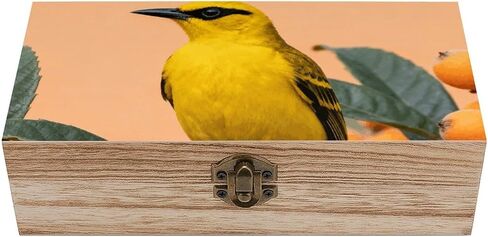 Black-naped Oriole Loquat Wooden Storage Box with Hinged Lid for Photo | Wood Keepsake Box, Dustproof Storage Box, Decorative Treasure Chest, Memory Box for Crafts Coins Stamps Letters Jewelry in Kuwait