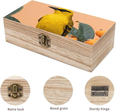 Black-naped Oriole Loquat Wooden Storage Box with Hinged Lid for Photo | Wood Keepsake Box, Dustproof Storage Box, Decorative Treasure Chest, Memory Box for Crafts Coins Stamps Letters Jewelry in Kuwait