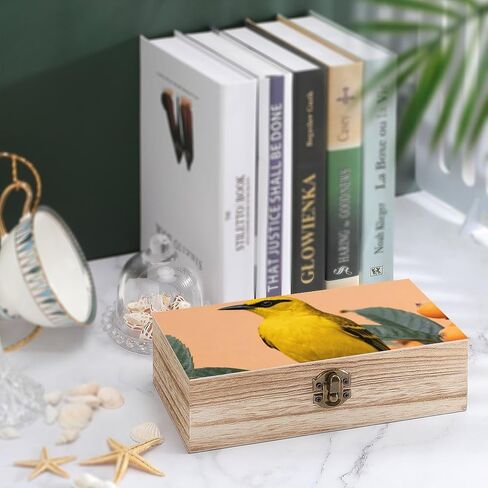 Black-naped Oriole Loquat Wooden Storage Box with Hinged Lid for Photo | Wood Keepsake Box, Dustproof Storage Box, Decorative Treasure Chest, Memory Box for Crafts Coins Stamps Letters Jewelry in Kuwait