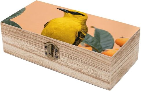 Black-naped Oriole Loquat Wooden Storage Box with Hinged Lid for Photo | Wood Keepsake Box, Dustproof Storage Box, Decorative Treasure Chest, Memory Box for Crafts Coins Stamps Letters Jewelry in Kuwait