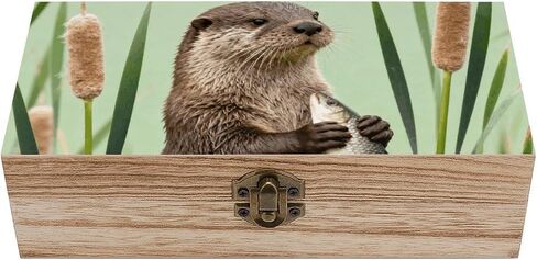Otter with Cattail Wooden Storage Box with Hinged Lid for Photo | Wood Keepsake Box, Dustproof Storage Box, Decorative Treasure Chest, Memory Box for Crafts Coins Stamps Letters Jewelry in Kuwait