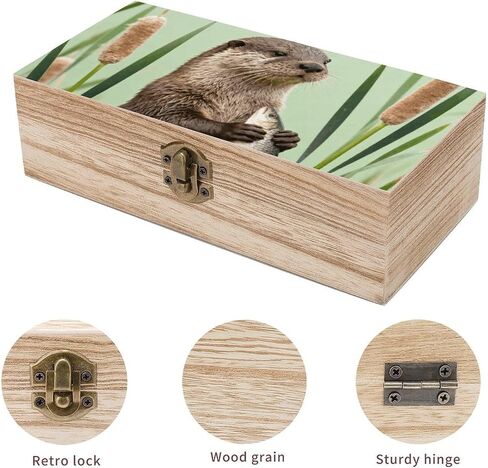 Otter with Cattail Wooden Storage Box with Hinged Lid for Photo | Wood Keepsake Box, Dustproof Storage Box, Decorative Treasure Chest, Memory Box for Crafts Coins Stamps Letters Jewelry in Kuwait