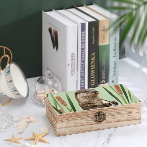 Otter with Cattail Wooden Storage Box with Hinged Lid for Photo | Wood Keepsake Box, Dustproof Storage Box, Decorative Treasure Chest, Memory Box for Crafts Coins Stamps Letters Jewelry in Kuwait