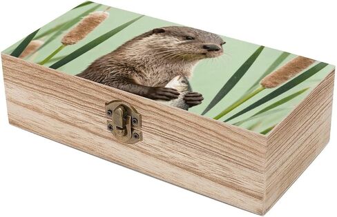 Otter with Cattail Wooden Storage Box with Hinged Lid for Photo | Wood Keepsake Box, Dustproof Storage Box, Decorative Treasure Chest, Memory Box for Crafts Coins Stamps Letters Jewelry in Kuwait