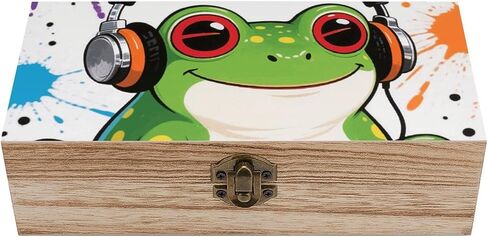 Frog With Headphone Wooden Storage Box with Hinged Lid for Photo | Wood Keepsake Box, Dustproof Storage Box, Decorative Treasure Chest, Memory Box for Crafts Coins Stamps Letters Jewelry in Kuwait