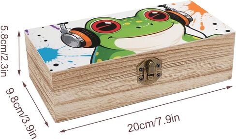 Frog With Headphone Wooden Storage Box with Hinged Lid for Photo | Wood Keepsake Box, Dustproof Storage Box, Decorative Treasure Chest, Memory Box for Crafts Coins Stamps Letters Jewelry in Kuwait