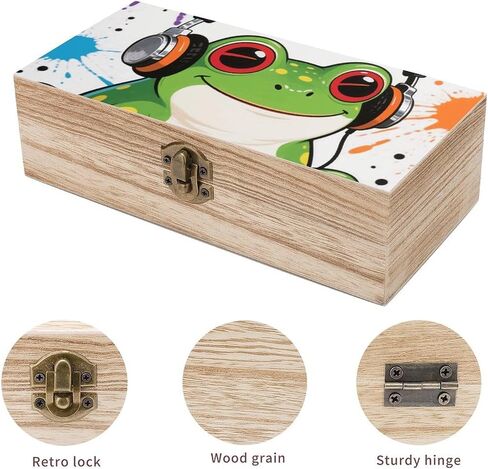 Frog With Headphone Wooden Storage Box with Hinged Lid for Photo | Wood Keepsake Box, Dustproof Storage Box, Decorative Treasure Chest, Memory Box for Crafts Coins Stamps Letters Jewelry in Kuwait