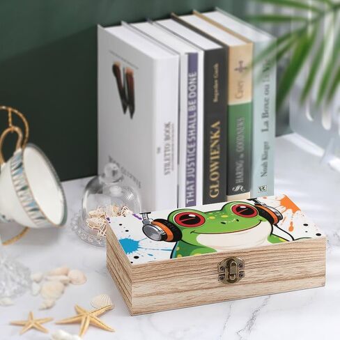 Frog With Headphone Wooden Storage Box with Hinged Lid for Photo | Wood Keepsake Box, Dustproof Storage Box, Decorative Treasure Chest, Memory Box for Crafts Coins Stamps Letters Jewelry in Kuwait