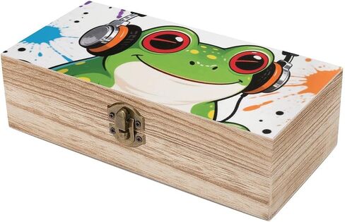 Frog With Headphone Wooden Storage Box with Hinged Lid for Photo | Wood Keepsake Box, Dustproof Storage Box, Decorative Treasure Chest, Memory Box for Crafts Coins Stamps Letters Jewelry in Kuwait