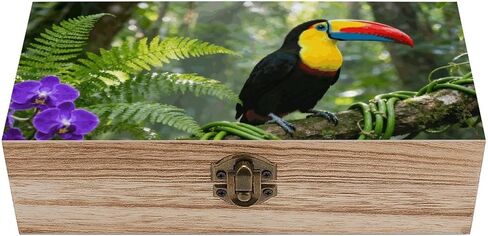 Tropical Toucan Wooden Storage Box with Hinged Lid for Photo | Wood Keepsake Box, Dustproof Storage Box, Decorative Treasure Chest, Memory Box for Crafts Coins Stamps Letters Jewelry in Kuwait