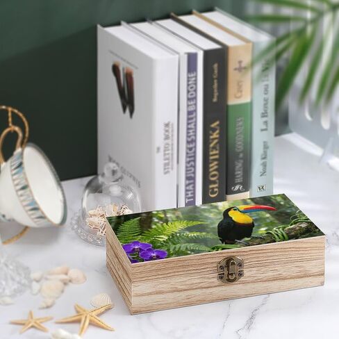 Tropical Toucan Wooden Storage Box with Hinged Lid for Photo | Wood Keepsake Box, Dustproof Storage Box, Decorative Treasure Chest, Memory Box for Crafts Coins Stamps Letters Jewelry in Kuwait