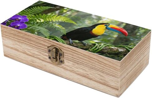 Tropical Toucan Wooden Storage Box with Hinged Lid for Photo | Wood Keepsake Box, Dustproof Storage Box, Decorative Treasure Chest, Memory Box for Crafts Coins Stamps Letters Jewelry in Kuwait