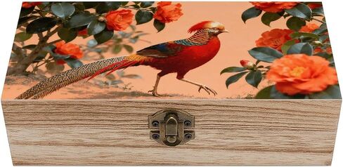 Pheasant in Camellia Wooden Storage Box with Hinged Lid for Photo | Wood Keepsake Box, Dustproof Storage Box, Decorative Treasure Chest, Memory Box for Crafts Coins Stamps Letters Jewelry in Kuwait
