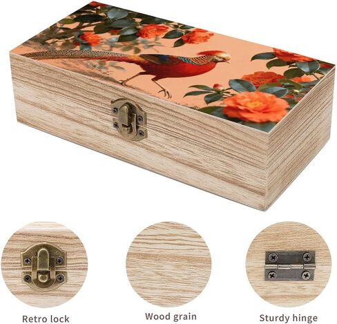 Pheasant in Camellia Wooden Storage Box with Hinged Lid for Photo | Wood Keepsake Box, Dustproof Storage Box, Decorative Treasure Chest, Memory Box for Crafts Coins Stamps Letters Jewelry in Kuwait