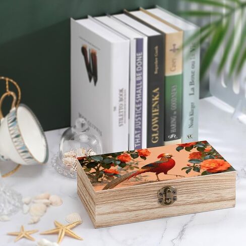 Pheasant in Camellia Wooden Storage Box with Hinged Lid for Photo | Wood Keepsake Box, Dustproof Storage Box, Decorative Treasure Chest, Memory Box for Crafts Coins Stamps Letters Jewelry in Kuwait