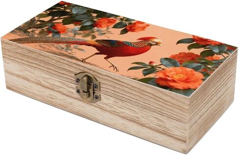 Pheasant in Camellia Wooden Storage Box with Hinged Lid for Photo | Wood Keepsake Box, Dustproof Storage Box, Decorative Treasure Chest, Memory Box for Crafts Coins Stamps Letters Jewelry in Kuwait