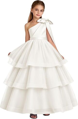 One Shoulder Tiered Flower Girl Dress Junior Bridesmaid Pageant Dress | One Shoulder,Oversized Bow, Satin&Tulle, Floor length, Wedding Flower Girl,Junior Bridesmaid Wear, Pageant in Kuwait