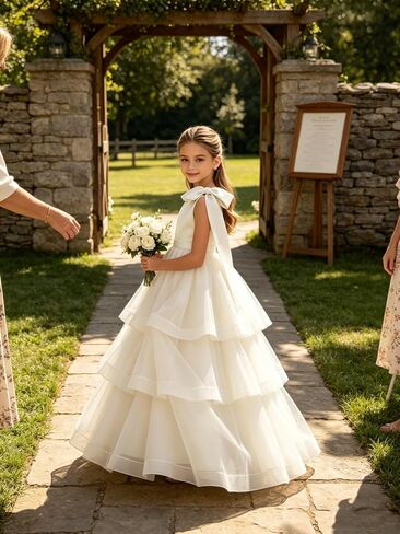 One Shoulder Tiered Flower Girl Dress Junior Bridesmaid Pageant Dress | One Shoulder,Oversized Bow, Satin&Tulle, Floor length, Wedding Flower Girl,Junior Bridesmaid Wear, Pageant in Kuwait