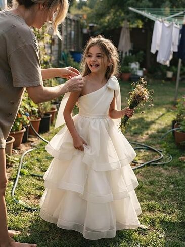 One Shoulder Tiered Flower Girl Dress Junior Bridesmaid Pageant Dress | One Shoulder,Oversized Bow, Satin&Tulle, Floor length, Wedding Flower Girl,Junior Bridesmaid Wear, Pageant in Kuwait