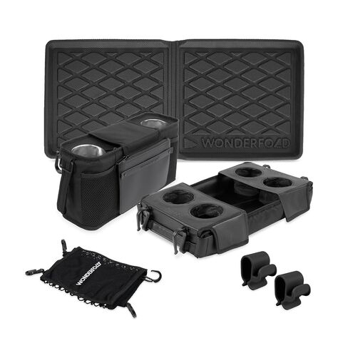 WonderFold L2 Accessory Bundle for 2-Seater Stroller Wagons – 5-Piece Set Includes 2-Cup Parent Console, Flex Snack Tray, All-Weather Mat, Cargo Net, and 2 Bag Hooks (Black) in Kuwait