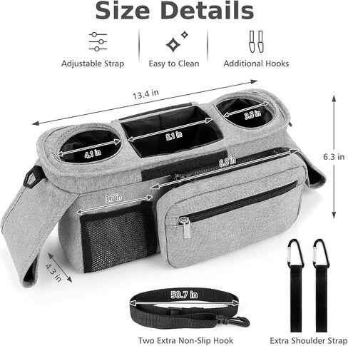 Universal Stroller Organizer with Insulated Cup Holder Detachable Phone Bag and Carry Strap Fits Uppababy, Baby Jogger, Britax, BOB, Umbrella and Pet Stroller and more (Light gray) in Saudi Arabia