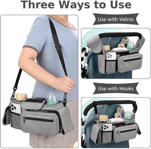 Universal Stroller Organizer with Insulated Cup Holder Detachable Phone Bag and Carry Strap Fits Uppababy, Baby Jogger, Britax, BOB, Umbrella and Pet Stroller and more (Light gray) in Saudi Arabia