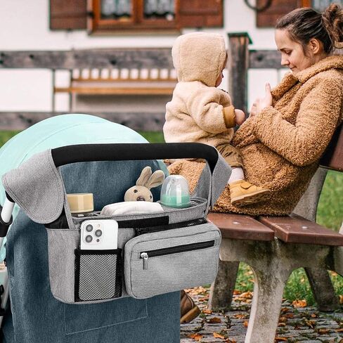 Universal Stroller Organizer with Insulated Cup Holder Detachable Phone Bag and Carry Strap Fits Uppababy, Baby Jogger, Britax, BOB, Umbrella and Pet Stroller and more (Light gray) in Saudi Arabia