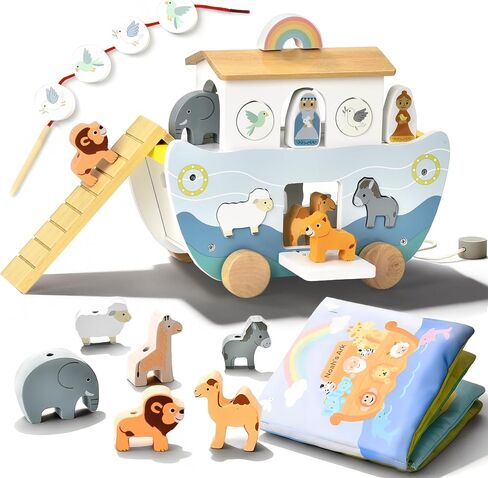 Wooden Noah’s Ark Toy with Book, Baptism Gifts for Boys and Girls | Montessori Toys for 1 Year Old with sorting and pull-along; Christian Baby Toys for Toddlers 1-3; Christmas Birthday Gifts. in Kuwait