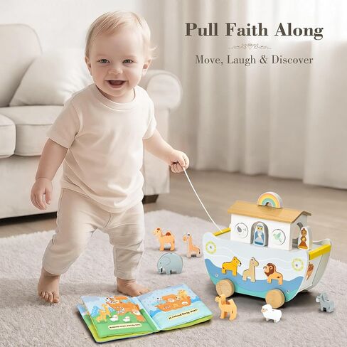 Wooden Noah’s Ark Toy with Book, Baptism Gifts for Boys and Girls | Montessori Toys for 1 Year Old with sorting and pull-along; Christian Baby Toys for Toddlers 1-3; Christmas Birthday Gifts. in Kuwait