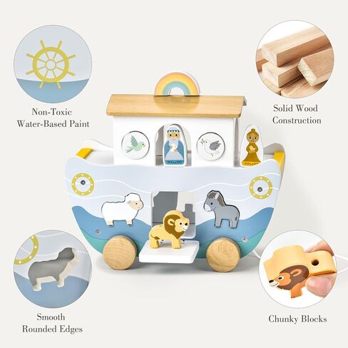 Wooden Noah’s Ark Toy with Book, Baptism Gifts for Boys and Girls | Montessori Toys for 1 Year Old with sorting and pull-along; Christian Baby Toys for Toddlers 1-3; Christmas Birthday Gifts. in Kuwait