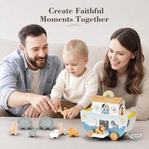 Wooden Noah’s Ark Toy with Book, Baptism Gifts for Boys and Girls | Montessori Toys for 1 Year Old with sorting and pull-along; Christian Baby Toys for Toddlers 1-3; Christmas Birthday Gifts. in Kuwait