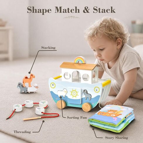 Wooden Noah’s Ark Toy with Book, Baptism Gifts for Boys and Girls | Montessori Toys for 1 Year Old with sorting and pull-along; Christian Baby Toys for Toddlers 1-3; Christmas Birthday Gifts. in Kuwait