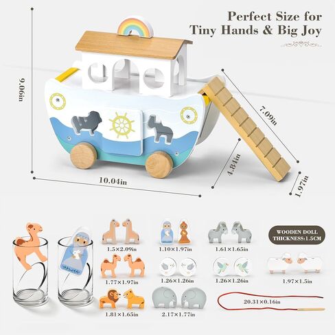 Wooden Noah’s Ark Toy with Book, Baptism Gifts for Boys and Girls | Montessori Toys for 1 Year Old with sorting and pull-along; Christian Baby Toys for Toddlers 1-3; Christmas Birthday Gifts. in Kuwait