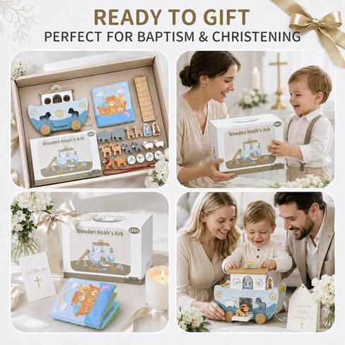 Wooden Noah’s Ark Toy with Book, Baptism Gifts for Boys and Girls | Montessori Toys for 1 Year Old with sorting and pull-along; Christian Baby Toys for Toddlers 1-3; Christmas Birthday Gifts. in Kuwait