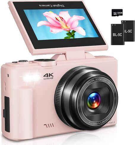 Digital Camera for Photography, 4K Vlogging Camera for YouTube 3" 180° Flip Screen 18X Digital Zoom Compact Retro Cameras with 32GB TF Card & 2 Batteries, Black in Saudi Arabia